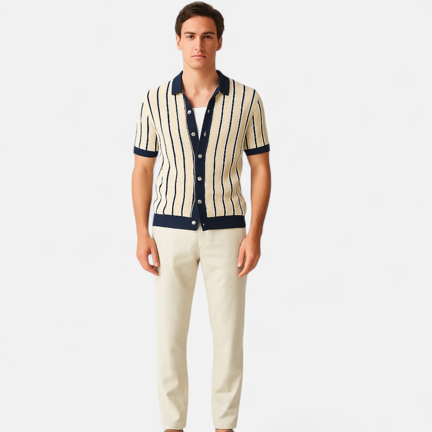 The Gentleman’s Brand | Men’s White Striped Knit Polo Shirt – Crisp Lines, Relaxed Sophistication