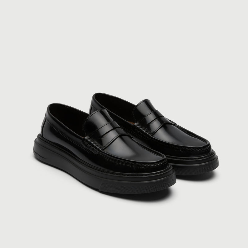 Black Leather Chunky Saddle Loafer