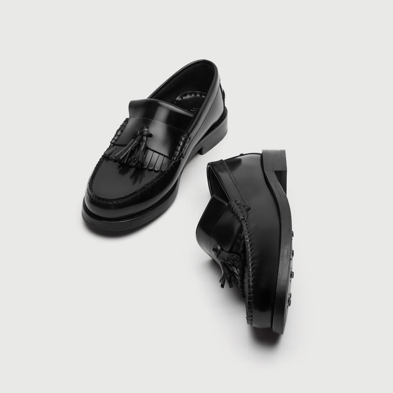 Black Leather Fringe Tassel Loafer