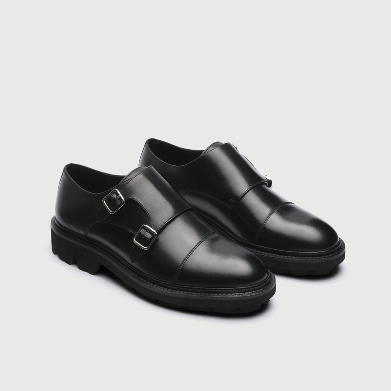 Black Leather Cleated Monk Strap Shoe