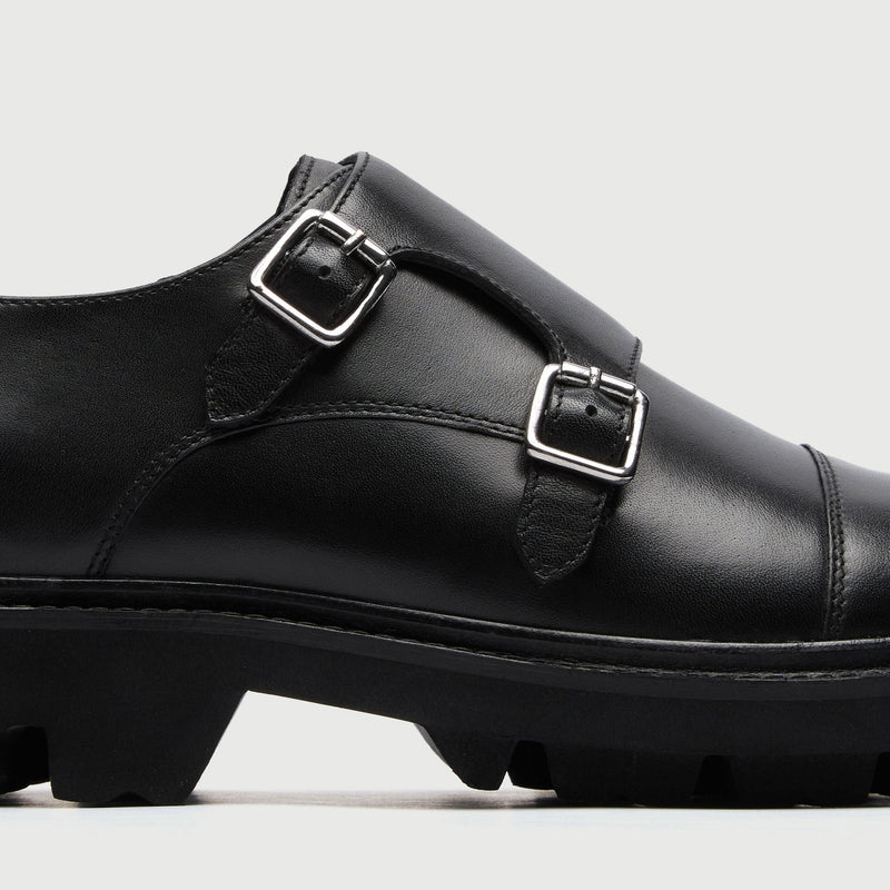 Black Leather Cleated Monk Strap Shoe