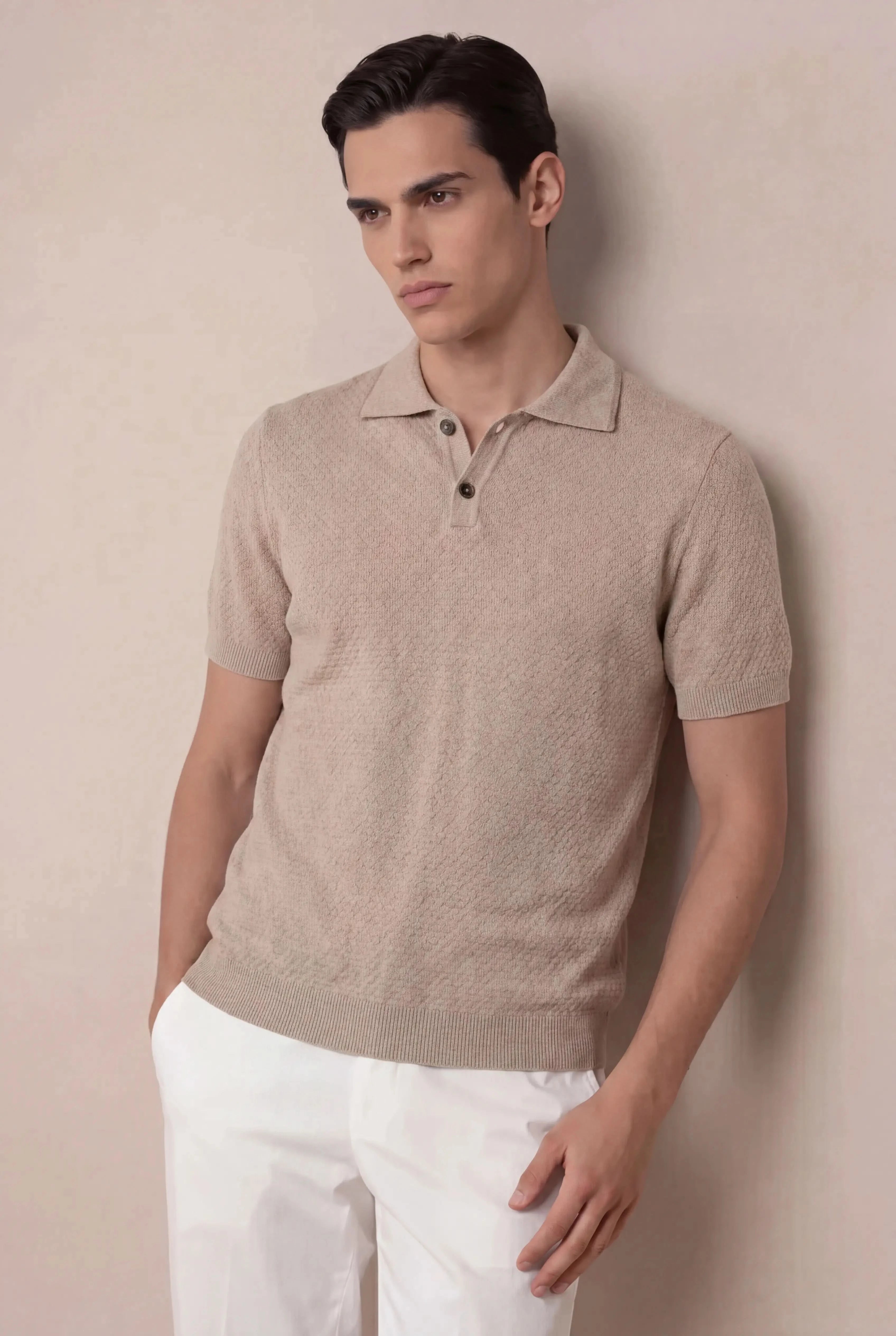 Valdino Textured Knit Polo Camel