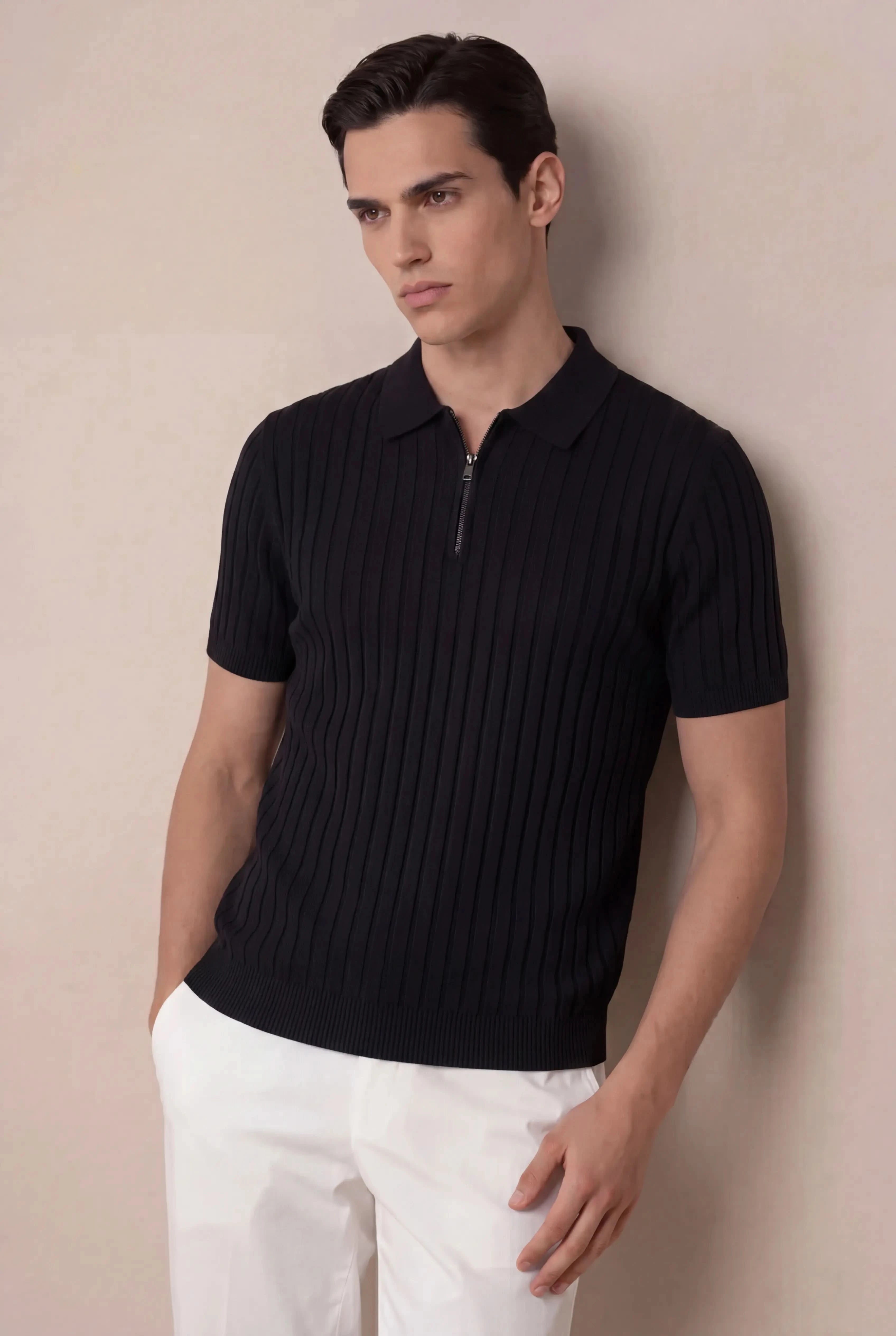 Torrino Ribbed Zip Polo Black