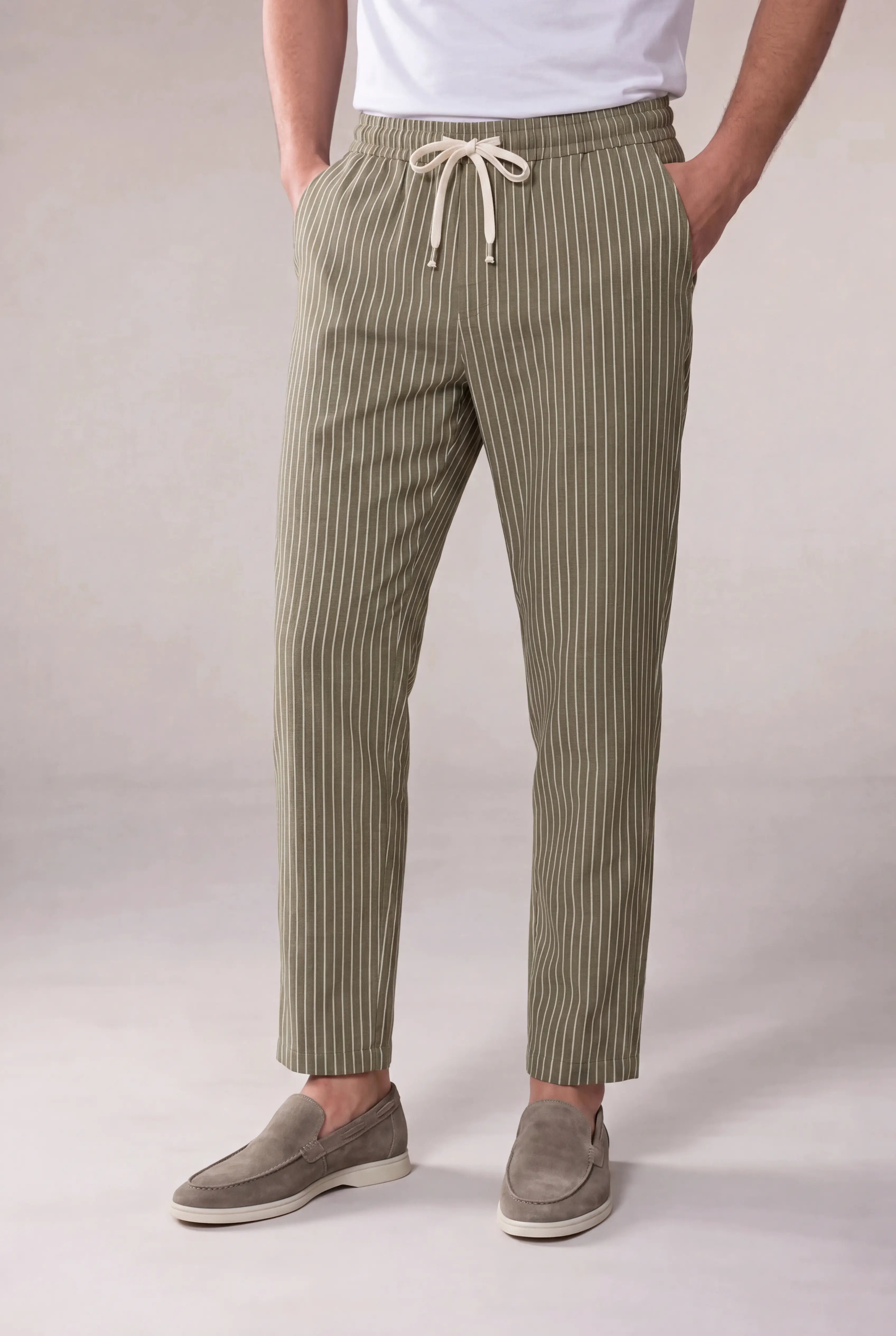 Nervino Striped Linen Trousers Olive