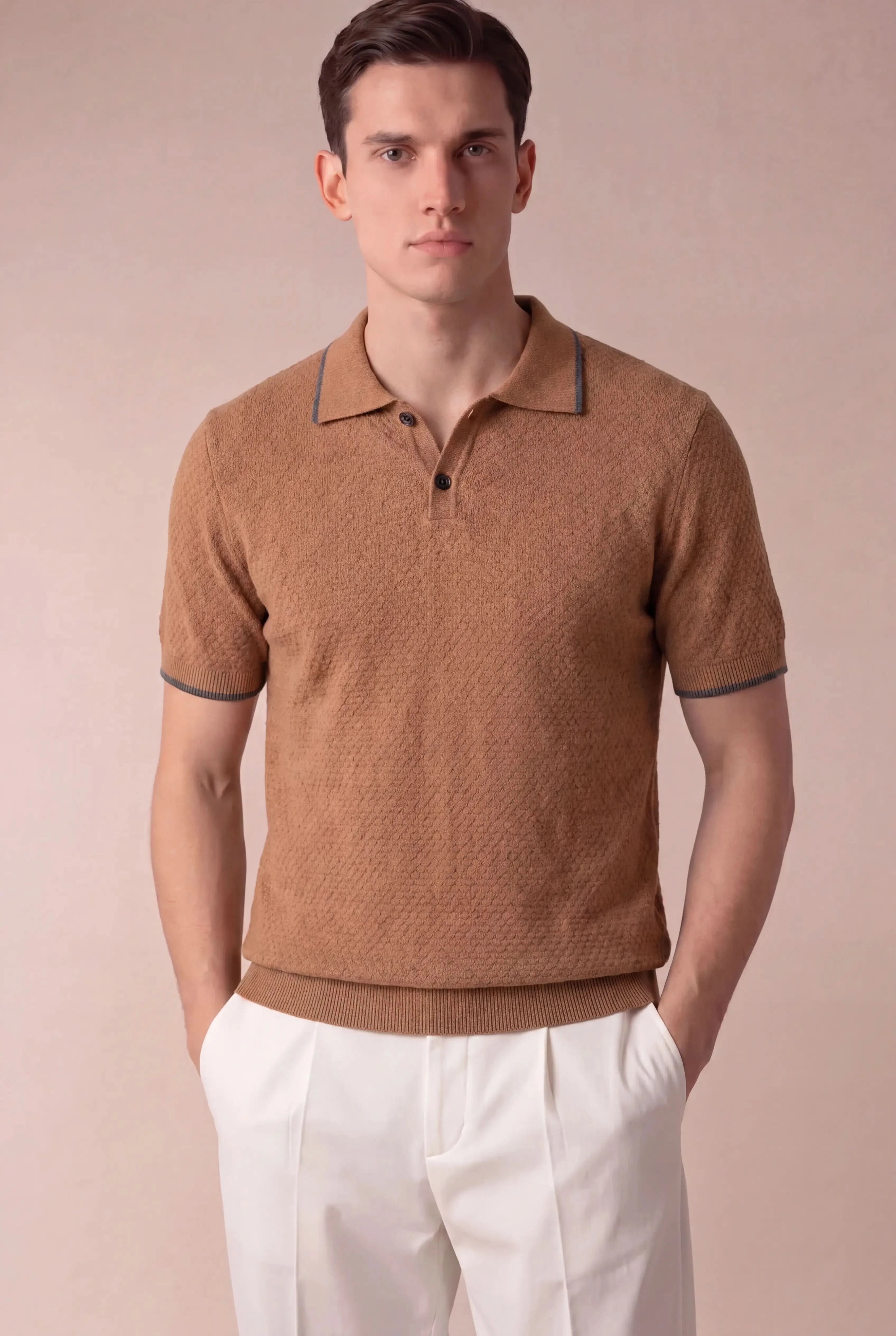 Valdino Textured Knit Polo Khaki