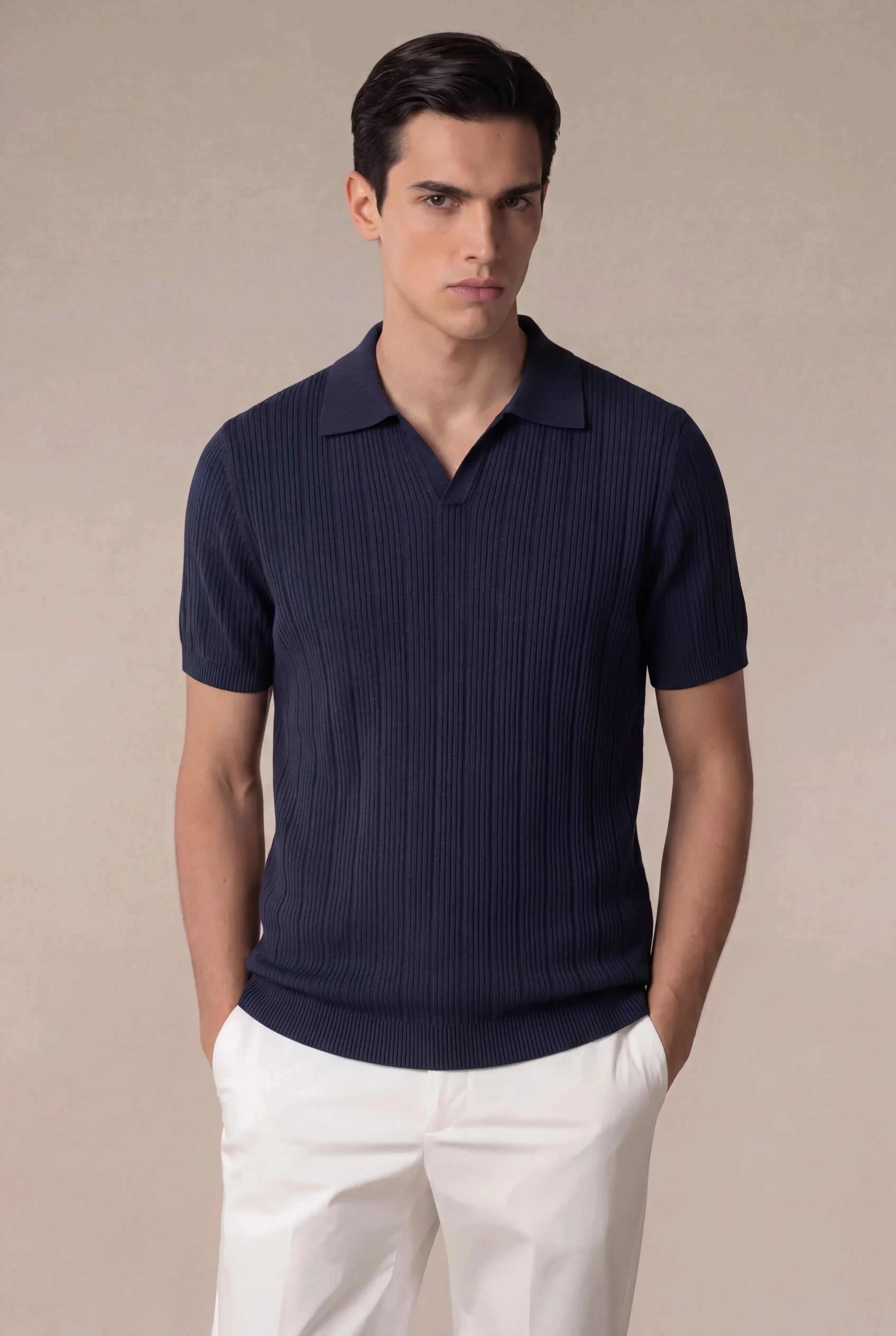 Prentaro Ribbed Knit Polo Navy