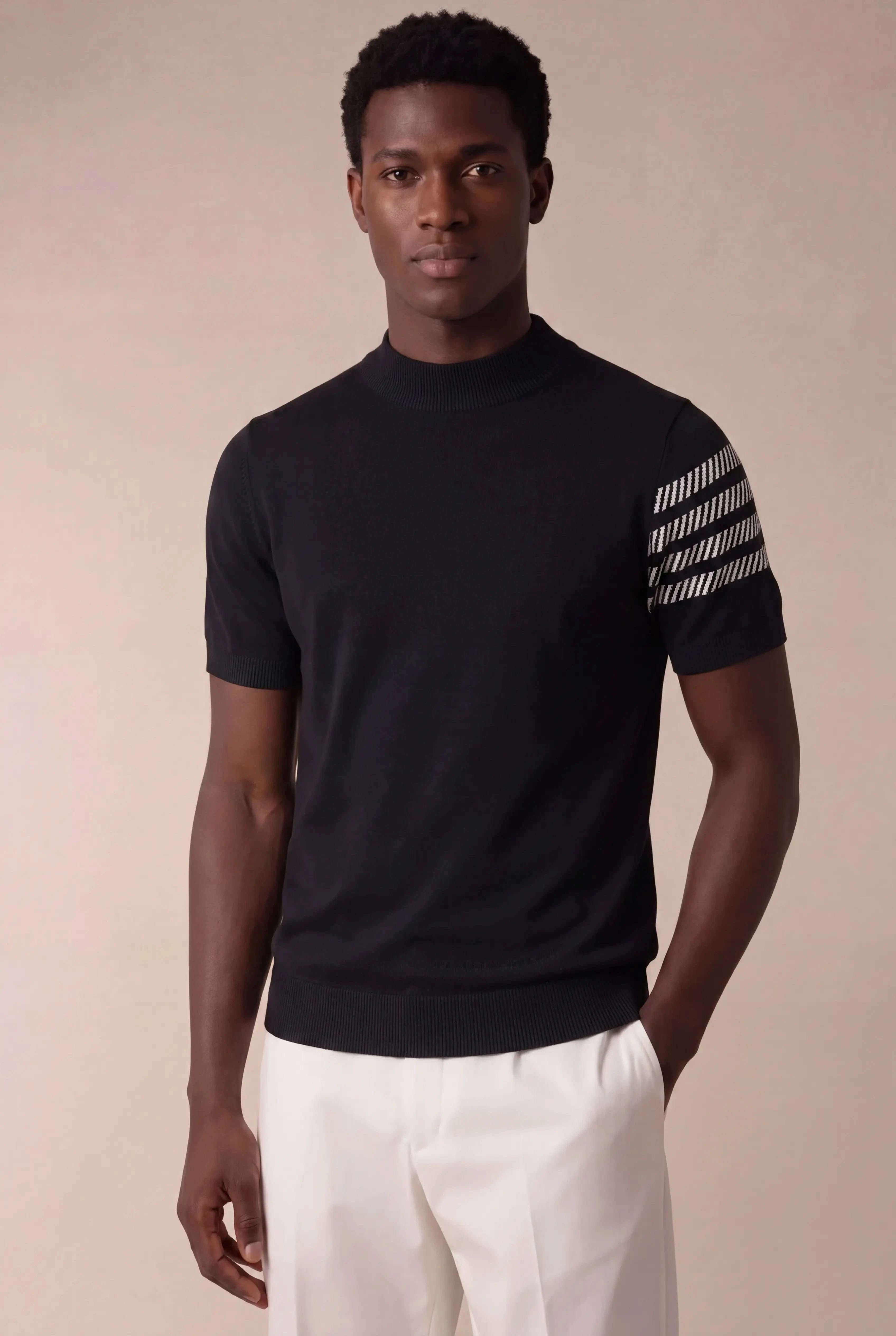 Previno Stripe Sleeve Knit Tee Black