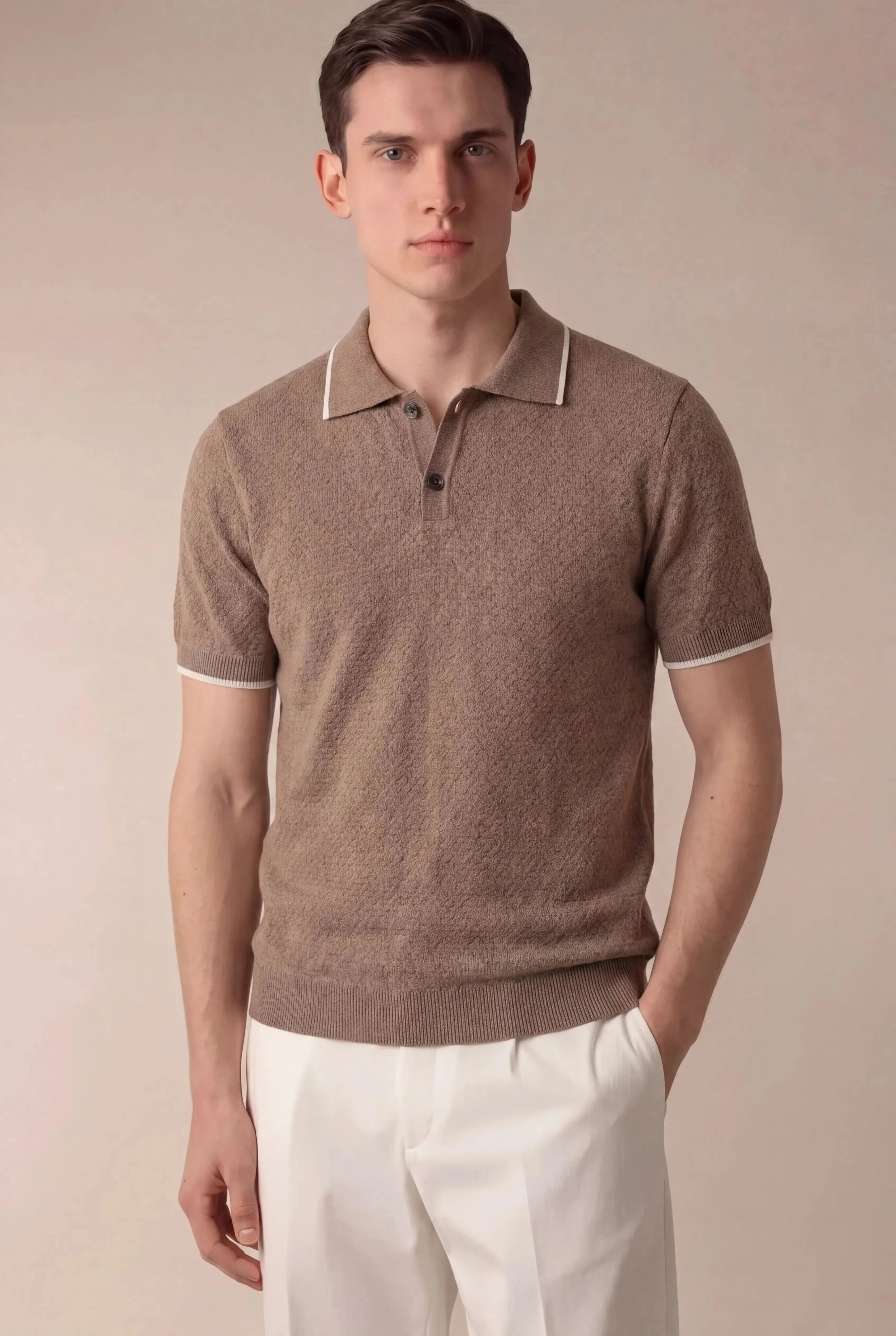 Valdino Textured Knit Polo Mid Camel