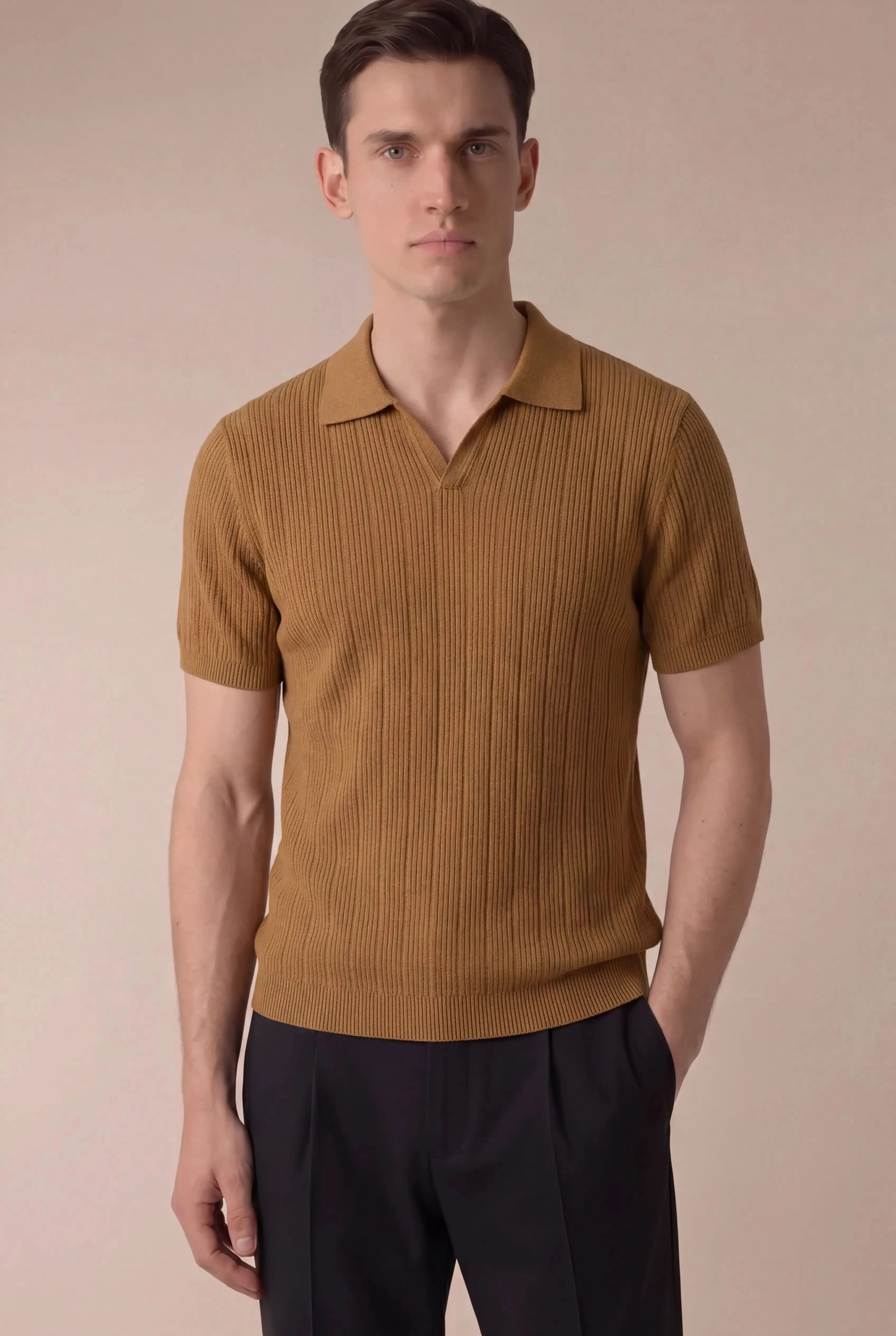 Prentaro Ribbed Knit Polo Caramel