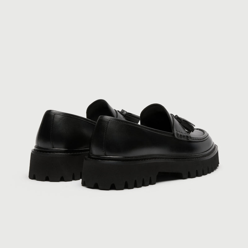 Black Leather Tassel Cleated Loafer