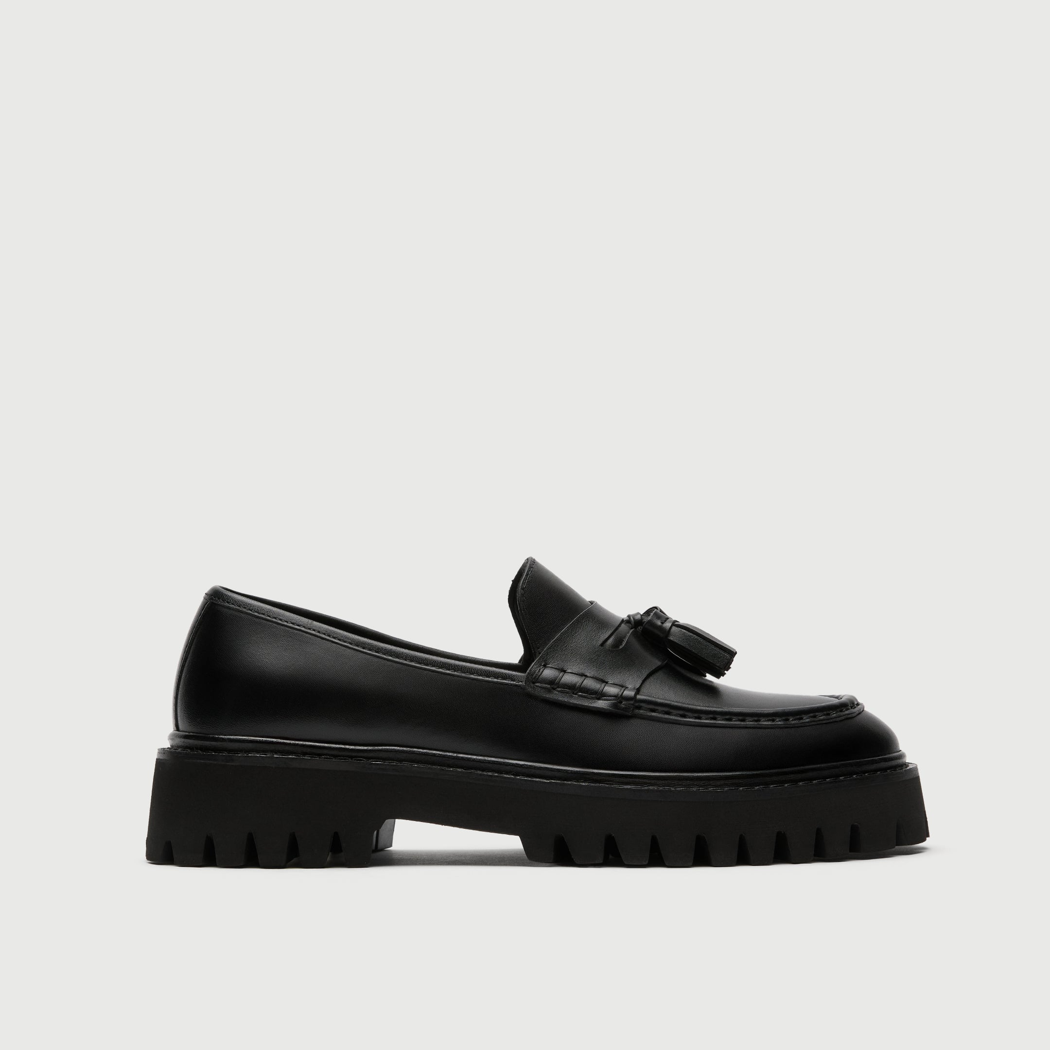 Black Leather Tassel Cleated Loafer