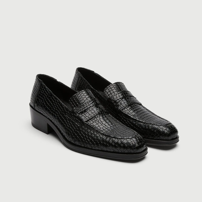 Black Croc Embossed Leather Cuban Heel Loafer