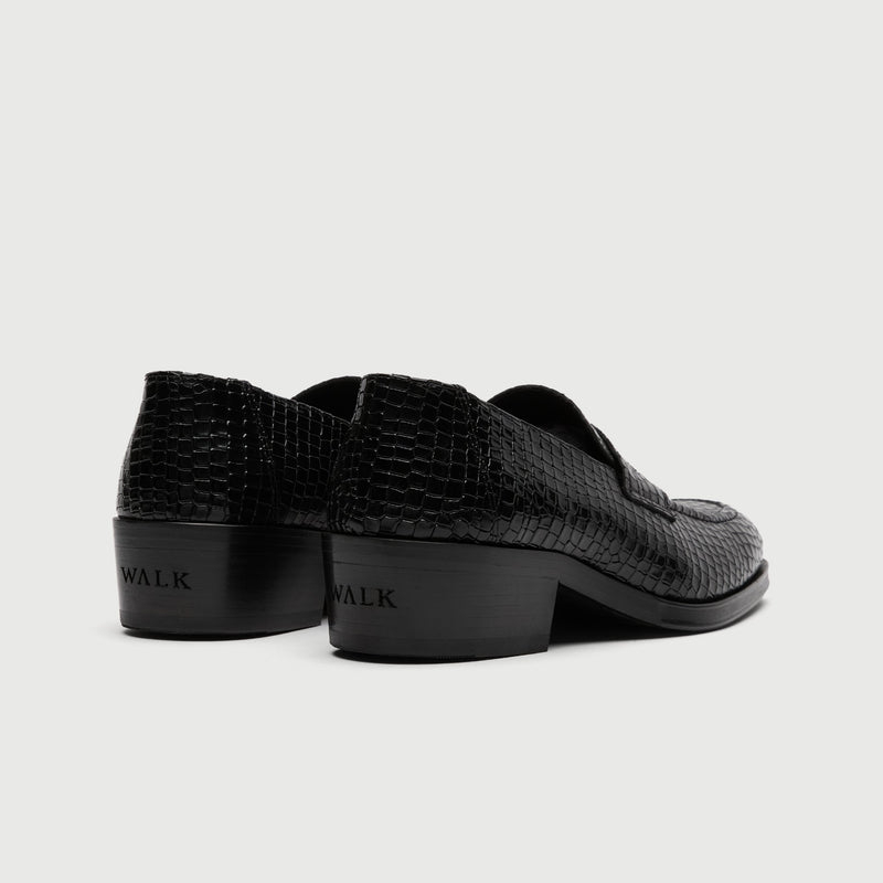 Black Croc Embossed Leather Cuban Heel Loafer