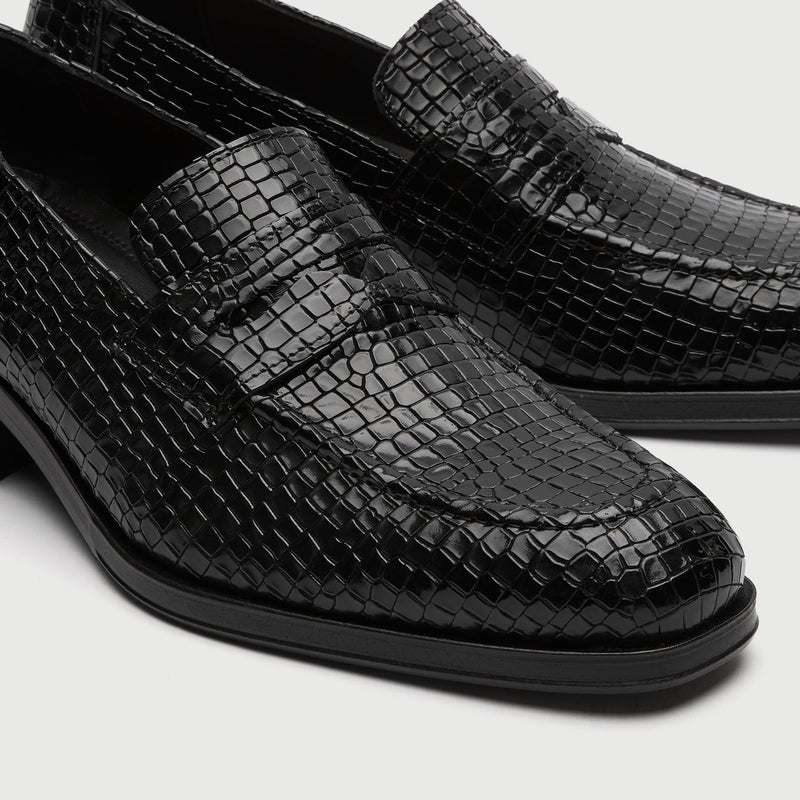 Black Croc Embossed Leather Cuban Heel Loafer
