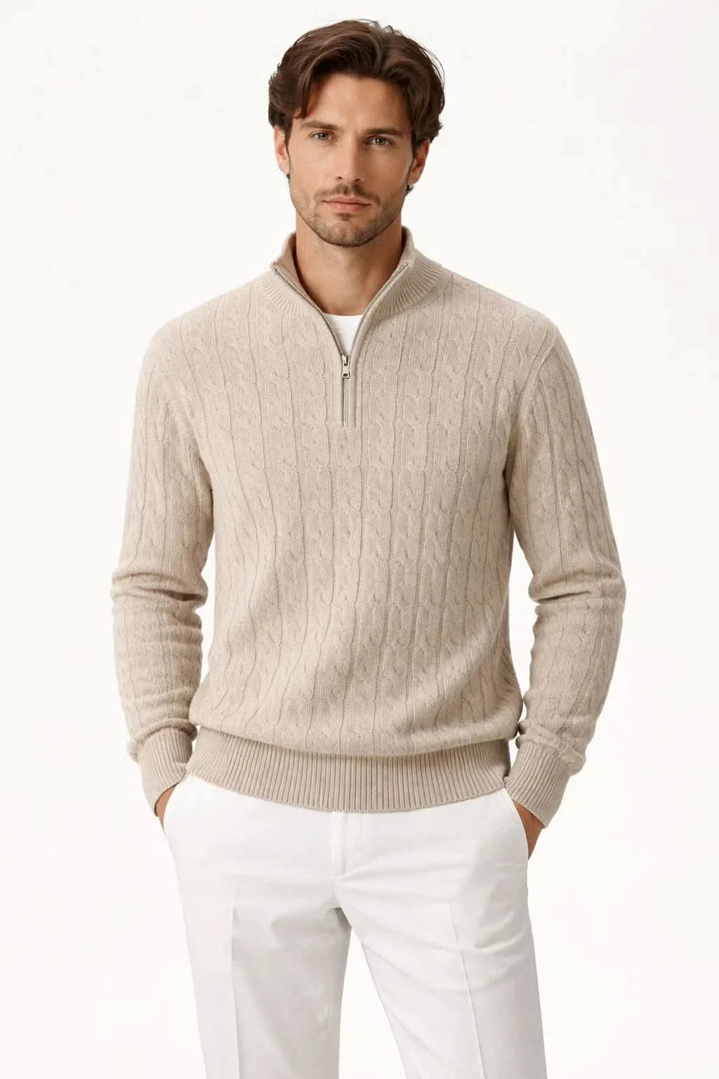 Lerano Cashmere Half-Zip Knit Beige