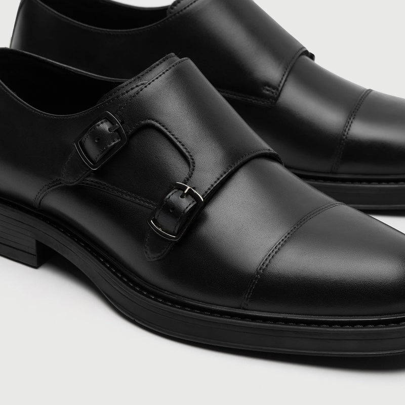 Black Leather Double Monk Shoe