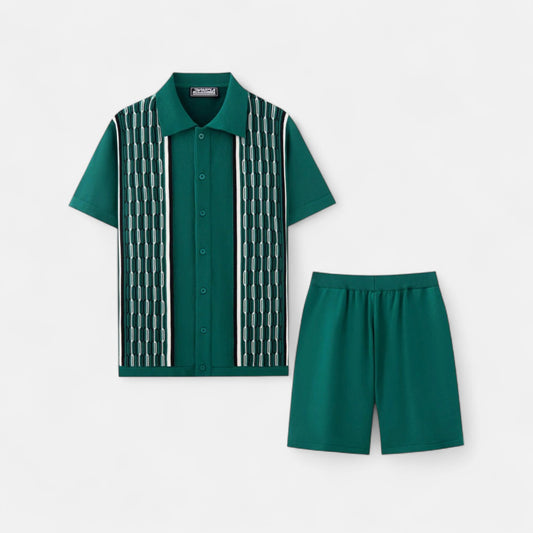 The Gentleman’s Brand | Retro Knit Set – Men’s Button-Up Polo Shirt & Shorts, Lightweight Textured Two-Piece for Summer