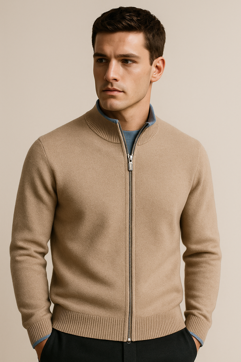 Classic Zip Cardigan Beige