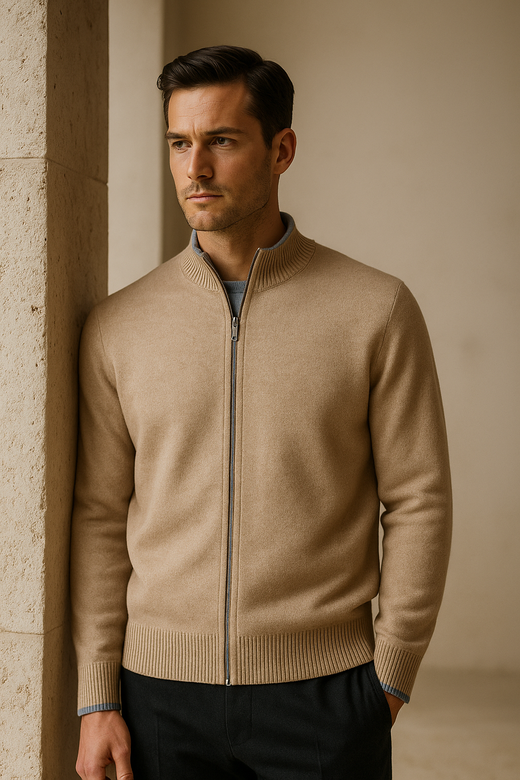 Classic Zip Cardigan Beige