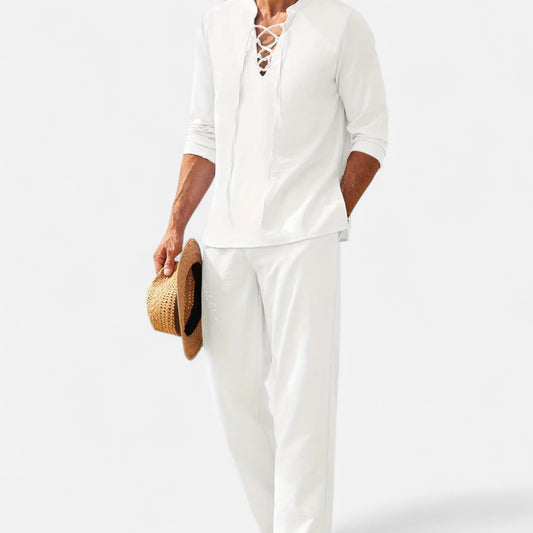 The Gentleman’s Brand | Men’s Summer Two-Piece Set – Lightweight Grandad Collar Shirt & Relaxed Trousers