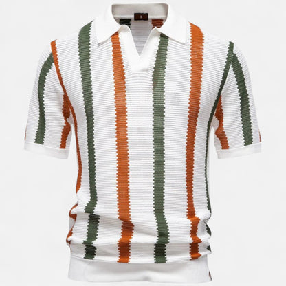 The Gentleman’s Brand | Striped Knit Polo – Men’s Short Sleeve Button-Up Shirt in Lightweight Retro Crochet Style