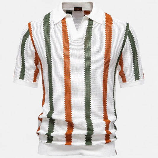 The Gentleman’s Brand | Striped Knit Polo – Men’s Short Sleeve Button-Up Shirt in Lightweight Retro Crochet Style