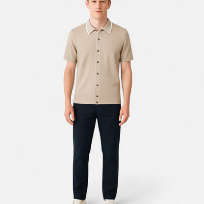 The Gentleman’s Brand | Retro Knit Polo – Men’s Button-Up Short Sleeve Shirt with Contrast Collar Trim