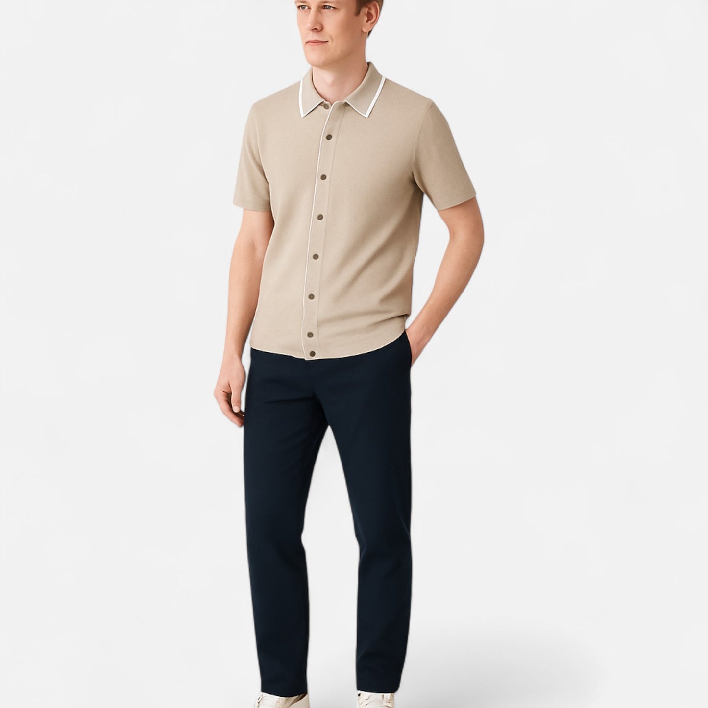 The Gentleman’s Brand | Retro Knit Polo – Men’s Button-Up Short Sleeve Shirt with Contrast Collar Trim
