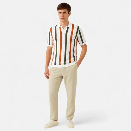 The Gentleman’s Brand | Striped Knit Polo – Men’s Short Sleeve Button-Up Shirt in Lightweight Retro Crochet Style