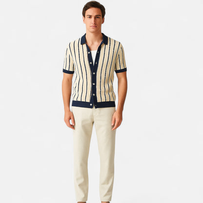 The Gentleman’s Brand | Men’s White Striped Knit Polo Shirt – Crisp Lines, Relaxed Sophistication