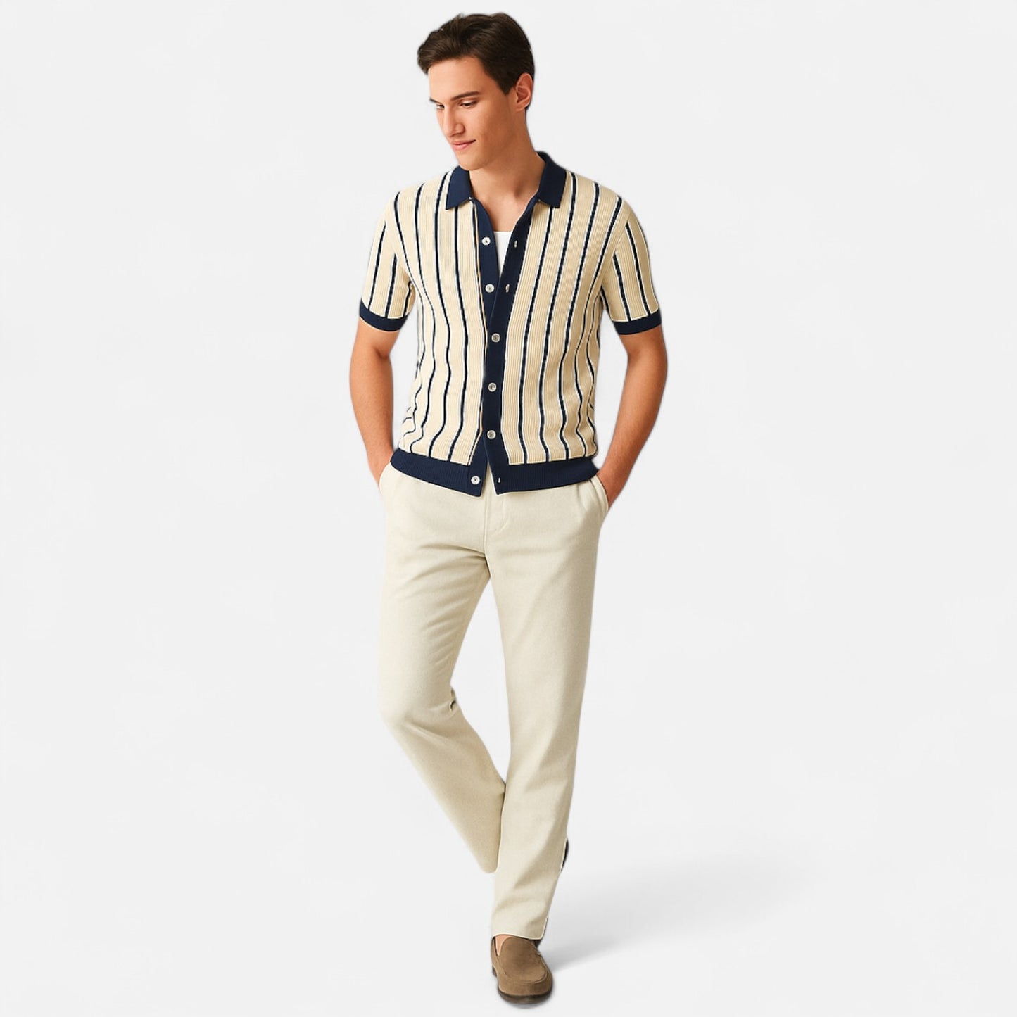 The Gentleman’s Brand | Men’s White Striped Knit Polo Shirt – Crisp Lines, Relaxed Sophistication