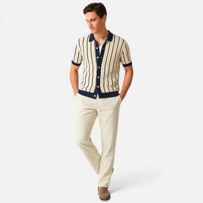The Gentleman’s Brand | Men’s White Striped Knit Polo Shirt – Crisp Lines, Relaxed Sophistication