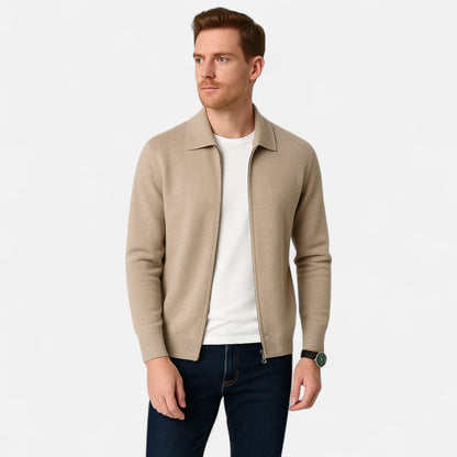 The Gentleman’s Brand Zip Collar Knit Jacket – men’s wool blend cardigan, minimalist knit jacket, smart casual layering piece