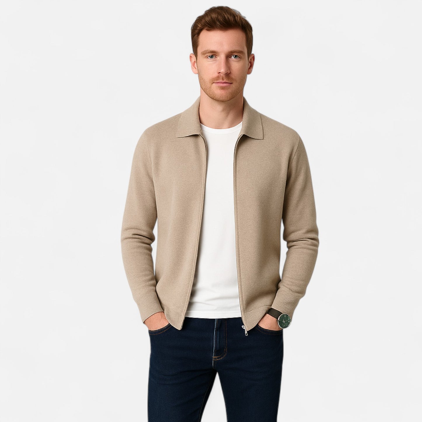 The Gentleman’s Brand Zip Collar Knit Jacket – men’s wool blend cardigan, minimalist knit jacket, smart casual layering piece