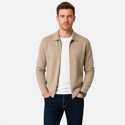 The Gentleman’s Brand Zip Collar Knit Jacket – men’s wool blend cardigan, minimalist knit jacket, smart casual layering piece