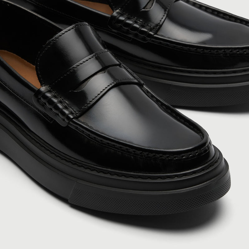 Black Leather Chunky Saddle Loafer
