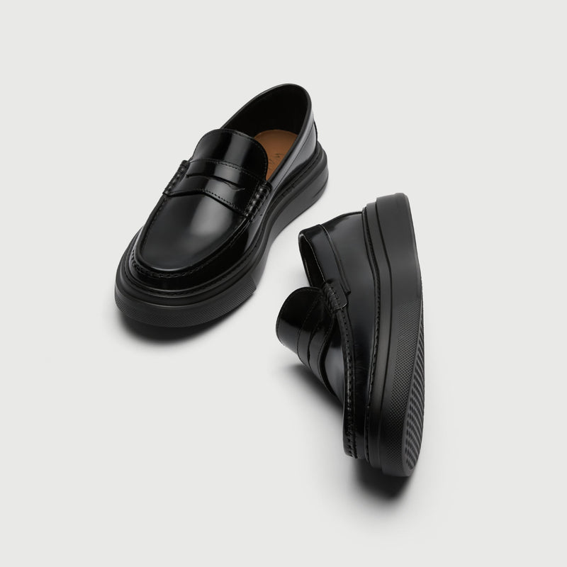 Black Leather Chunky Saddle Loafer