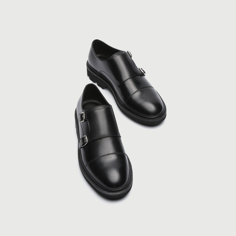 Black Leather Cleated Monk Strap Shoe