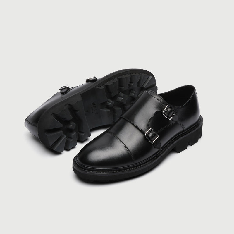 Black Leather Cleated Monk Strap Shoe