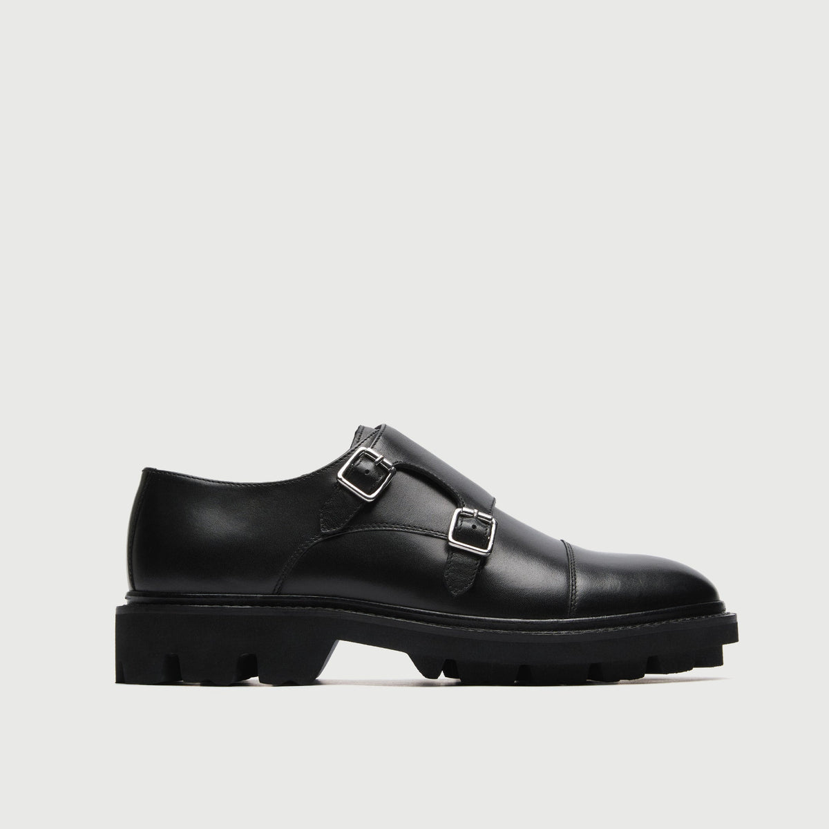 Black Leather Cleated Monk Strap Shoe