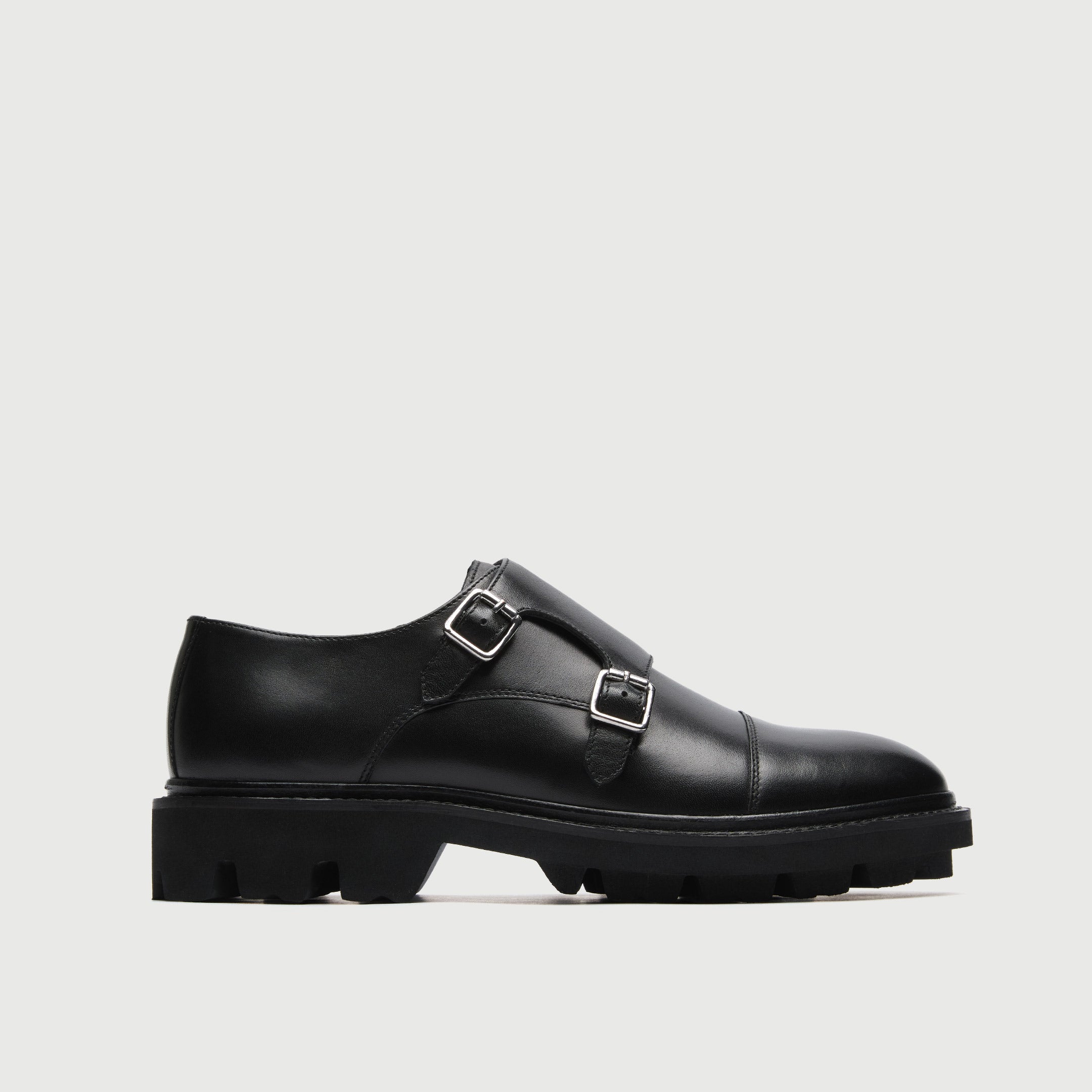 Black Leather Cleated Monk Strap Shoe