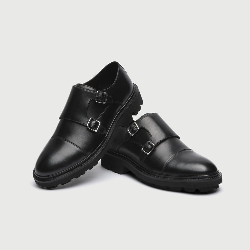 Black Leather Cleated Monk Strap Shoe