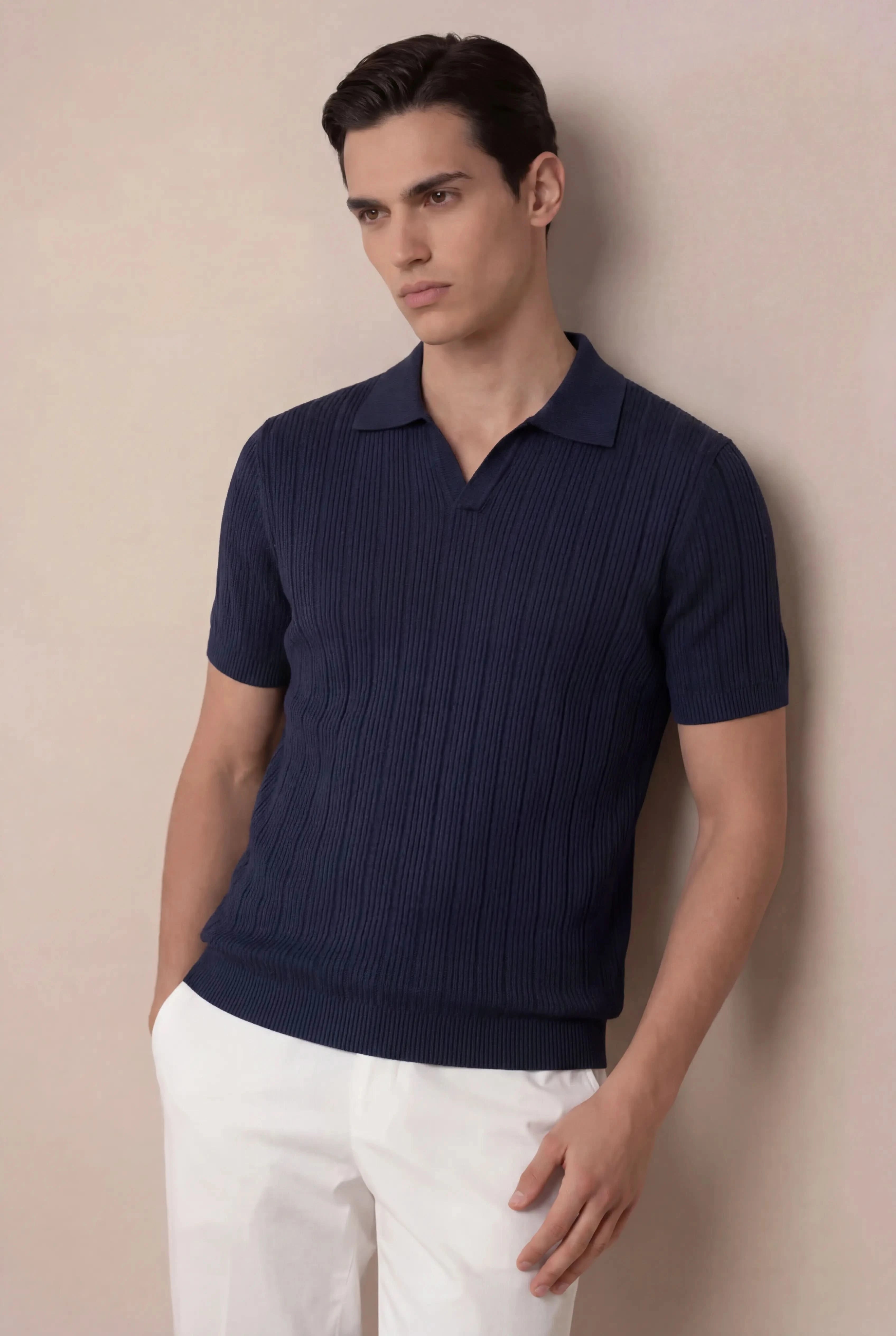 Prentaro Ribbed Knit Polo Navy