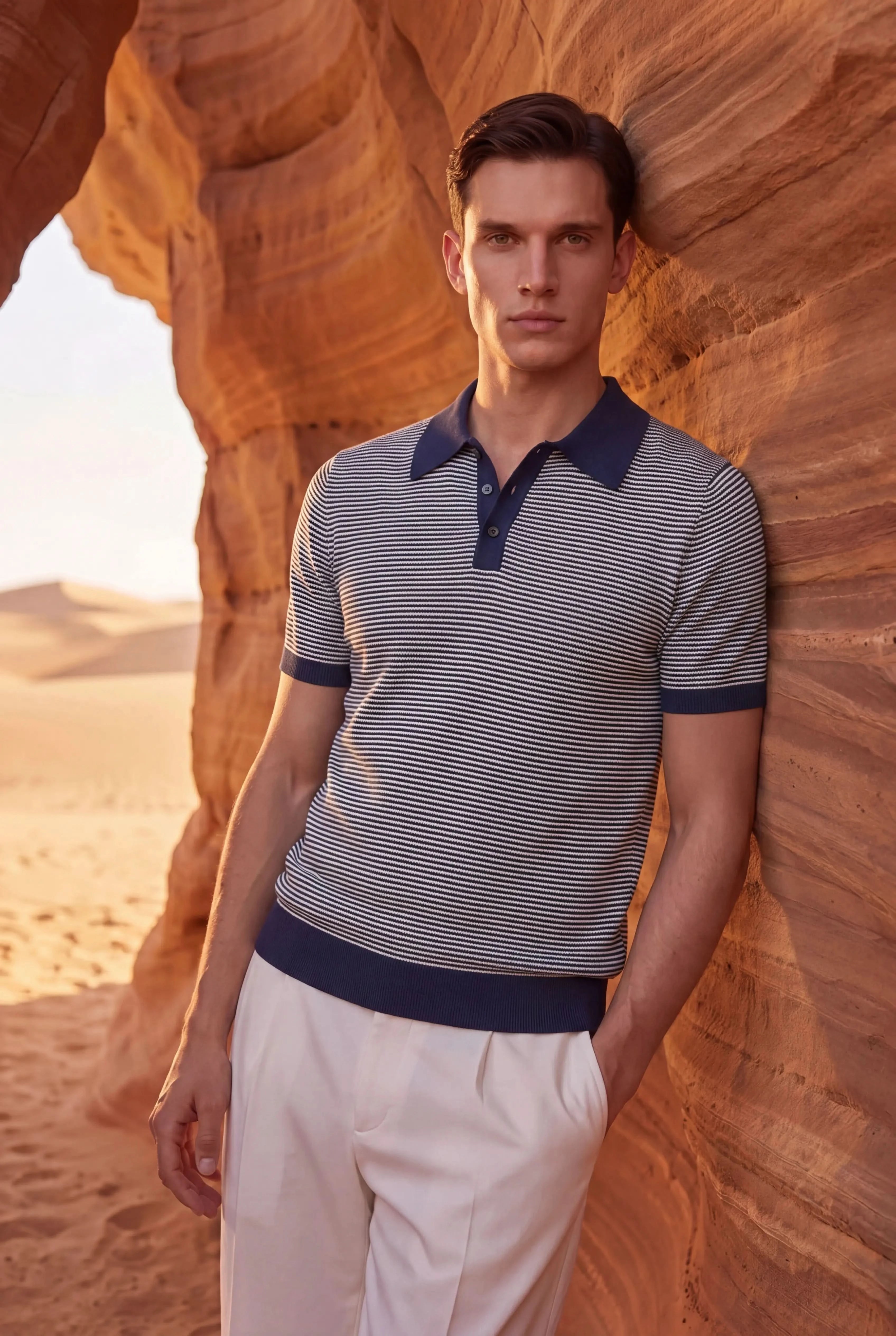 Ravino Striped Knit Polo Dark Blue