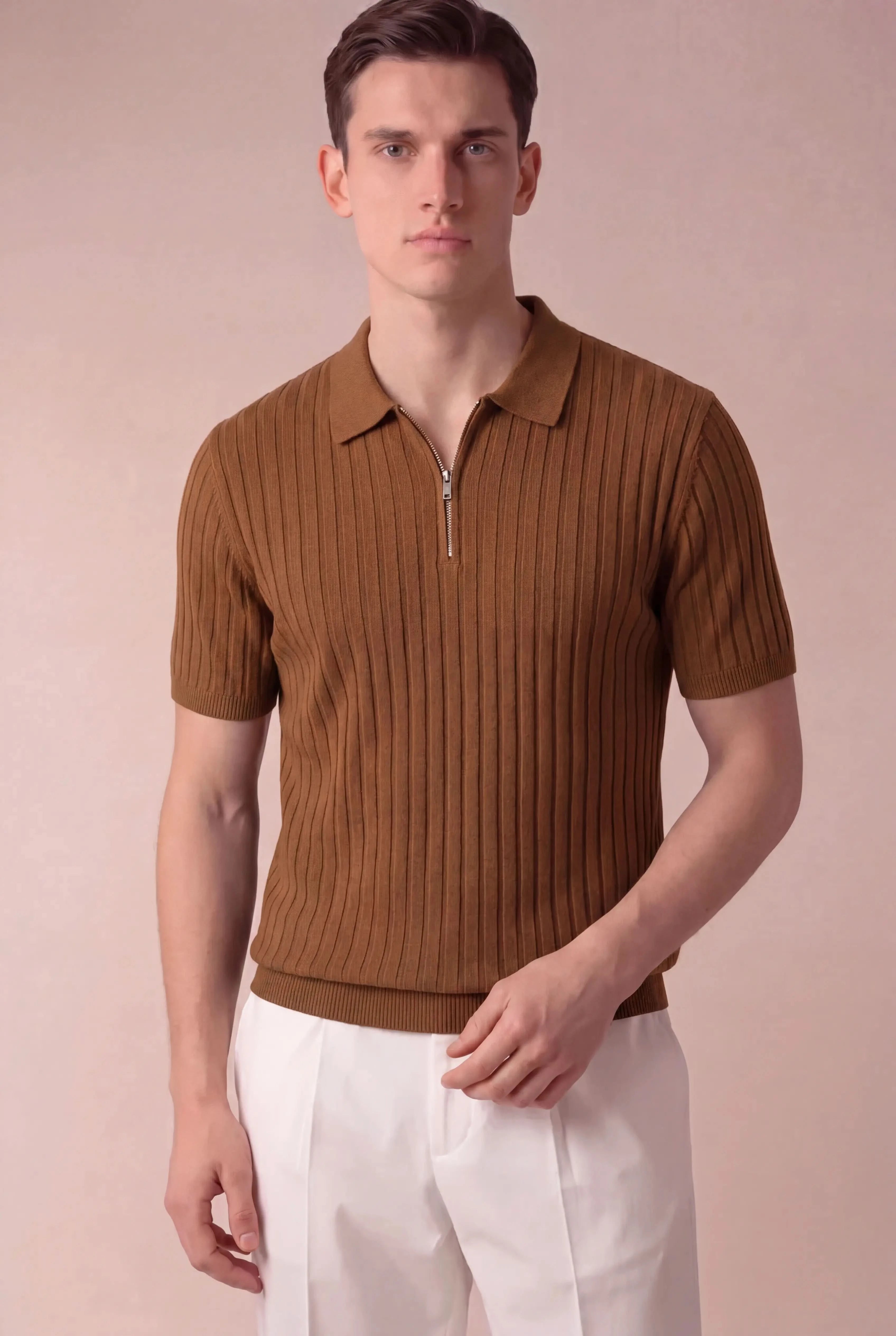 Torrino Ribbed Zip Polo Caramel