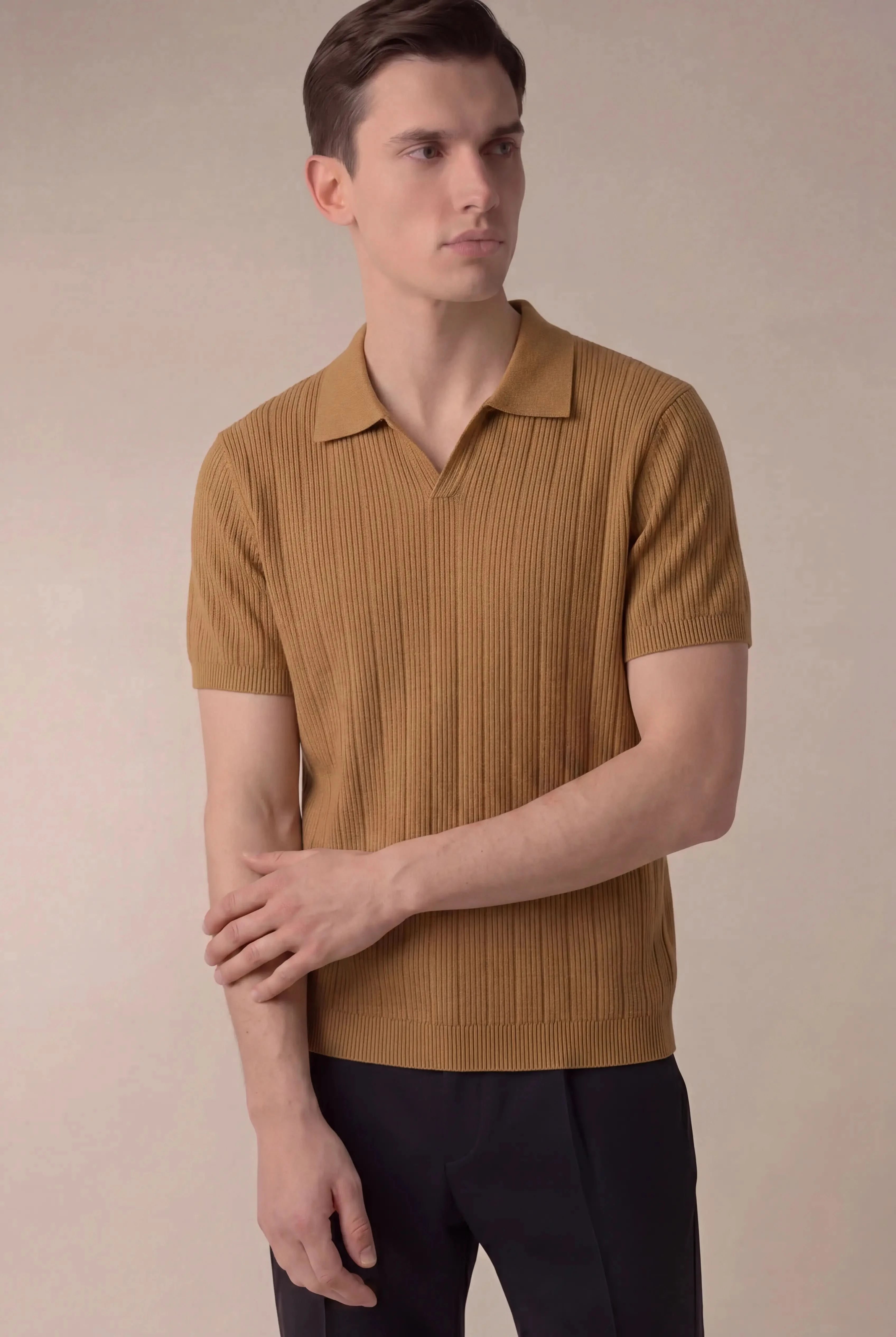 Prentaro Ribbed Knit Polo Caramel