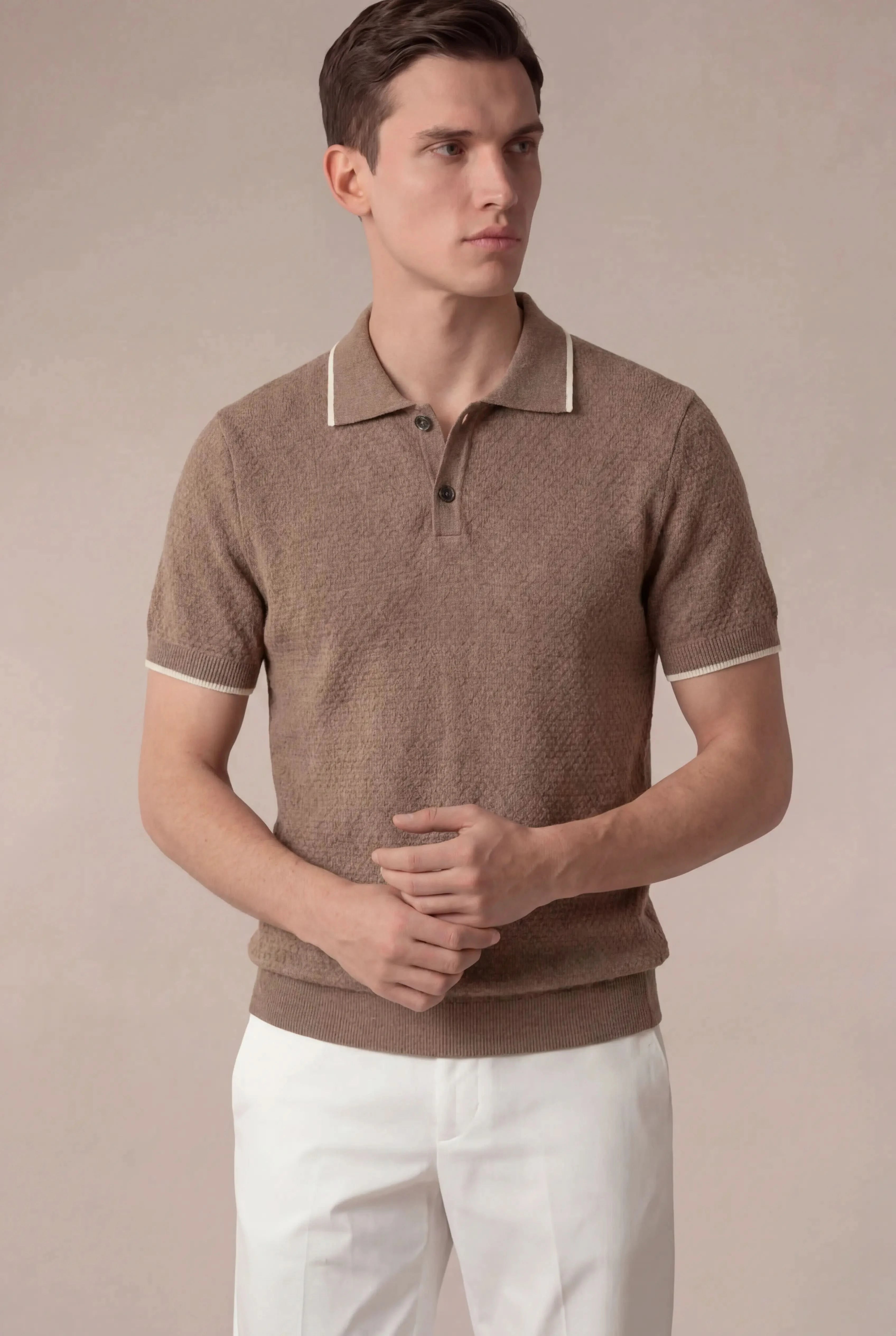 Valdino Textured Knit Polo Mid Camel