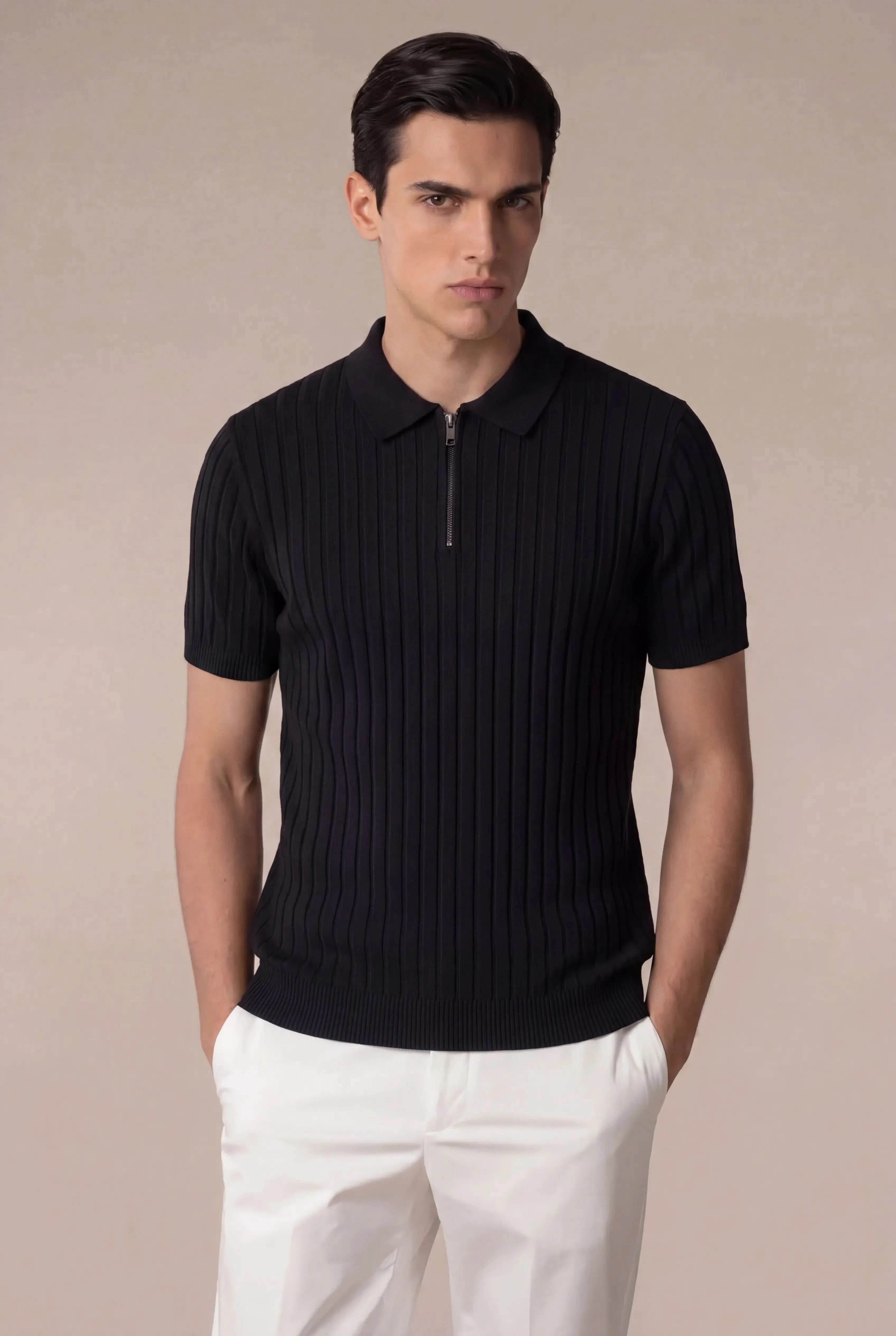 Torrino Ribbed Zip Polo Black