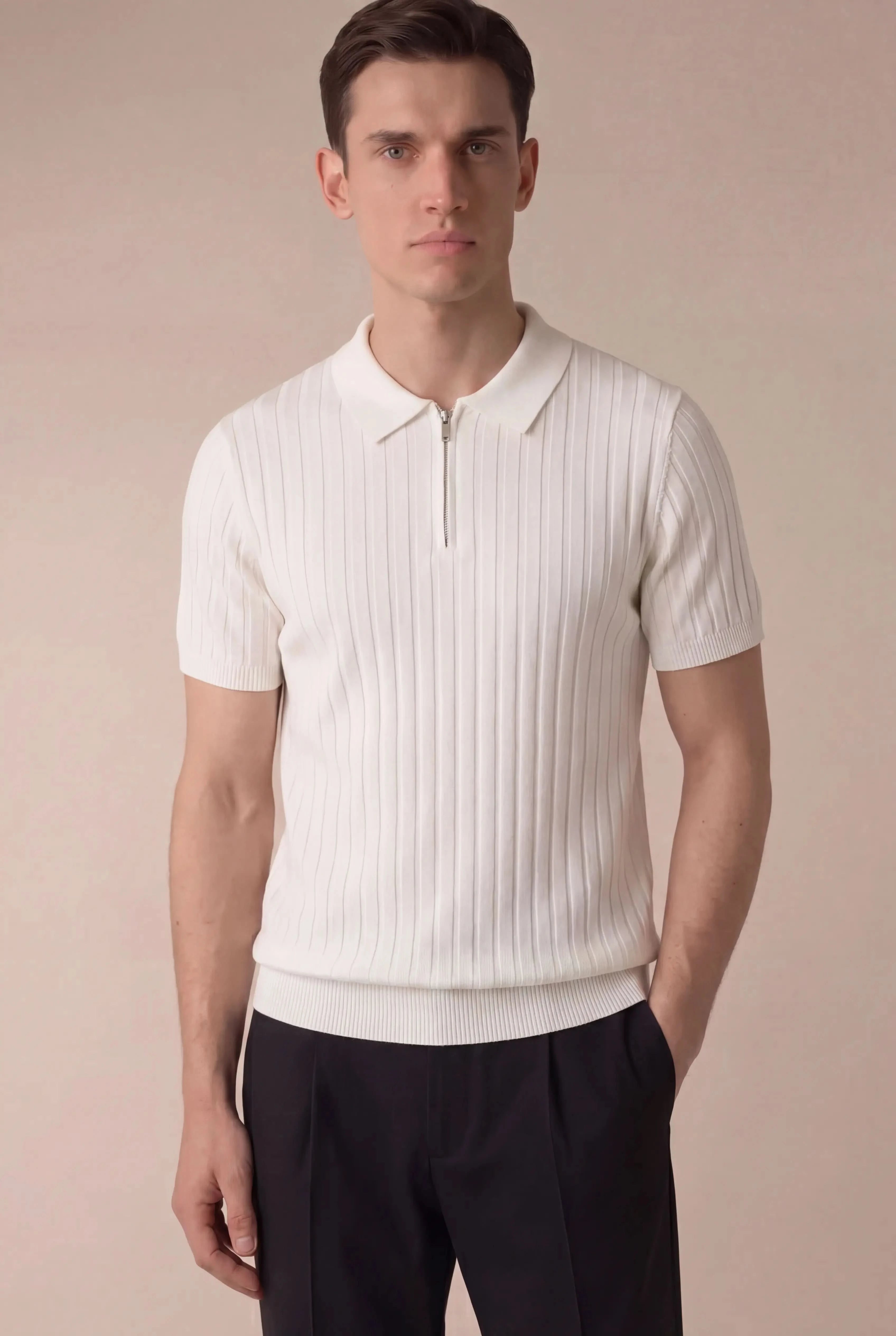 Torrino Ribbed Zip Polo White
