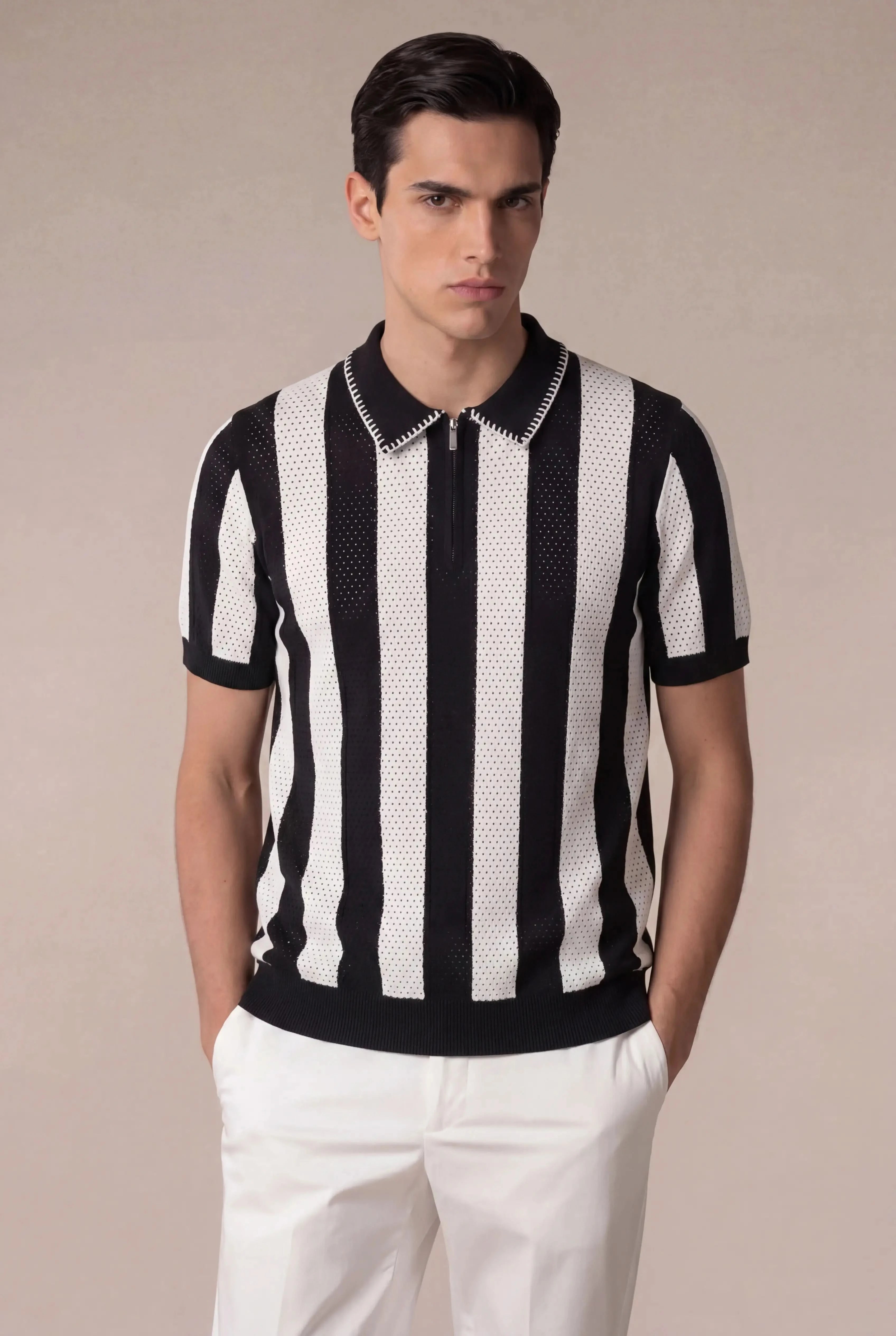 Silano Striped Zip Knit Polo Black